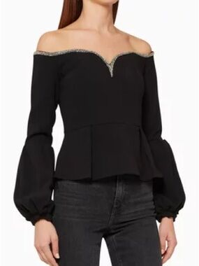 Self-Portrait crystal-embellished puff-sleeve top featuring a sweetheart n